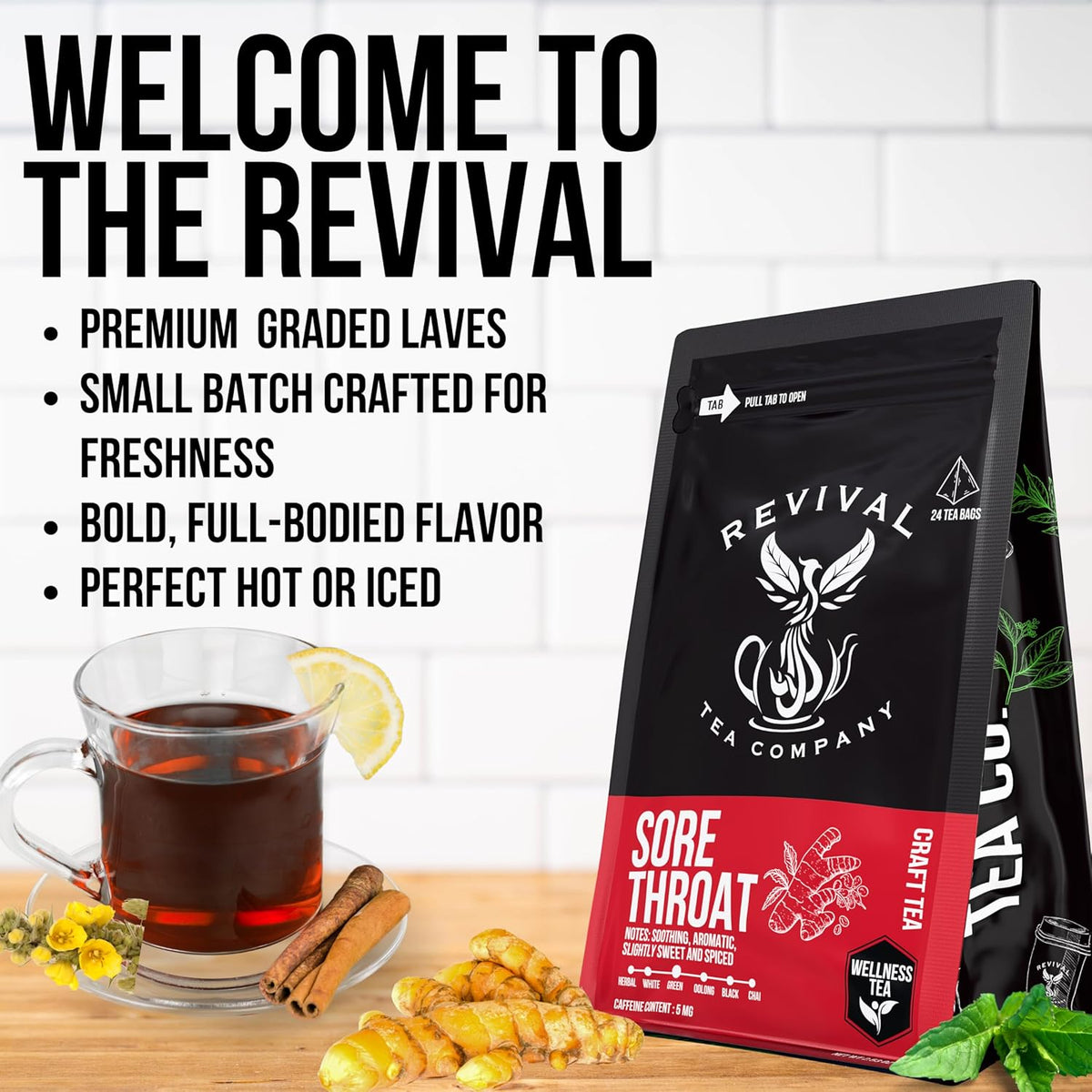 Sore Throat Tea - Wellness Tea Made with Elm Bark, Licorice Root and Marshmallow Root with Herbal and Medicinal Properties - Low Caffeine - 24 Tea Bags