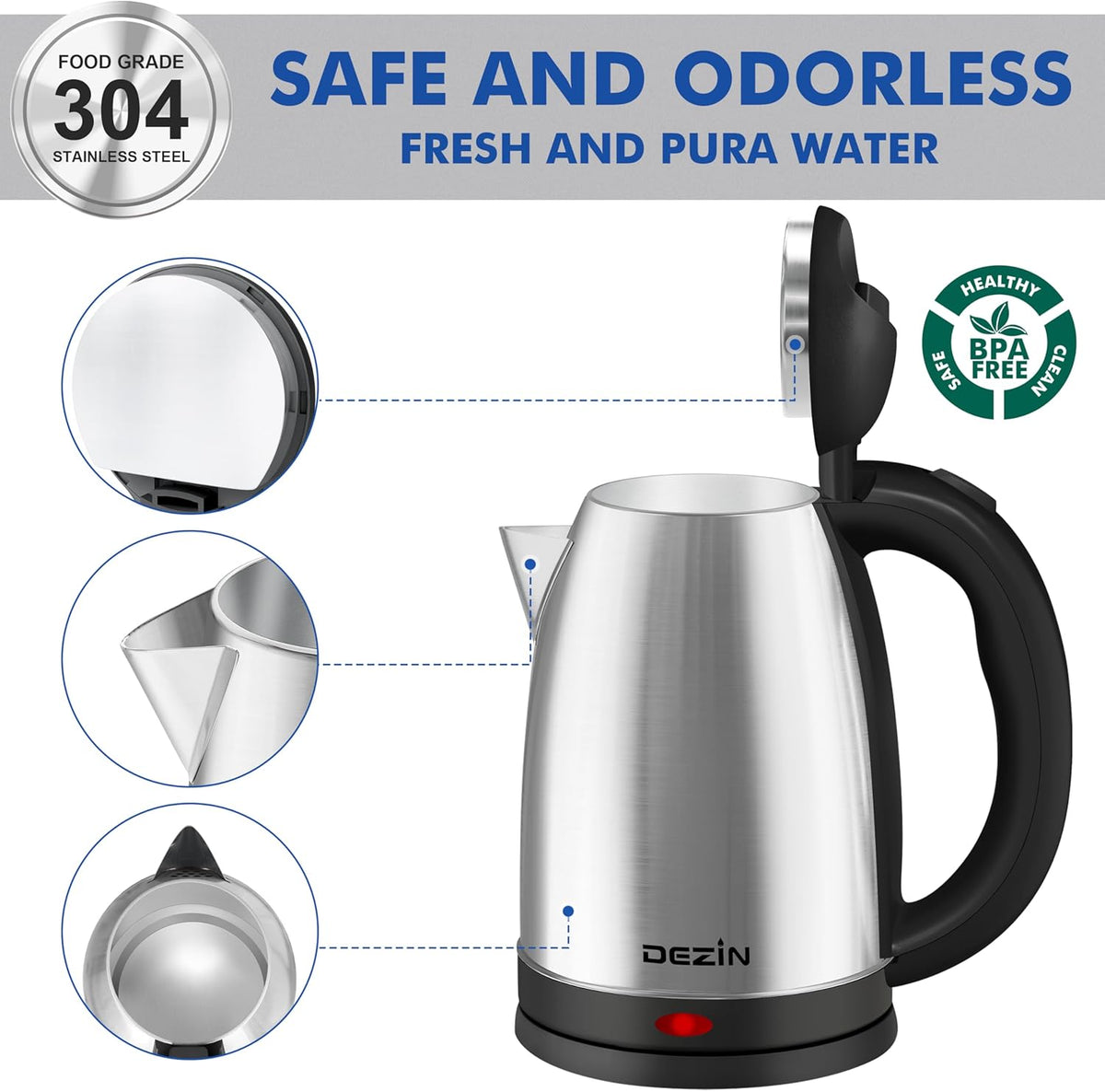 DEZIN Electric Kettle Upgraded, BPA Free 2L Stainless Steel Tea Kettle, Fast Boil Water Warmer with Auto Shut Off and Boil Dry Protection Tech for Coffee, Tea, Beverages