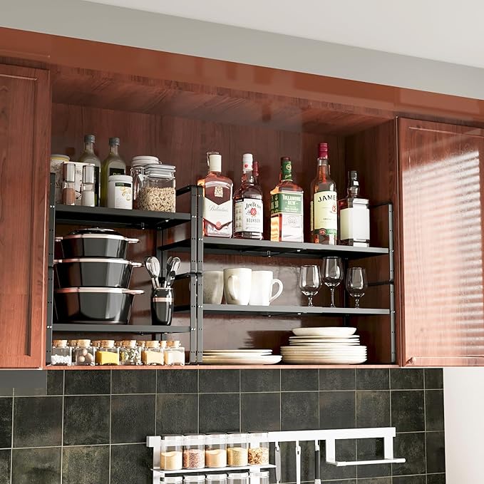 16.5~27.1" Expandable Shelf Organizer, 2Pack 10.2" Wide Stackable Cabinet Shelf Organizers, Black Metal Sturdy Kitchen Counter Storage for Countertop, Adjustable Height Spice Rack