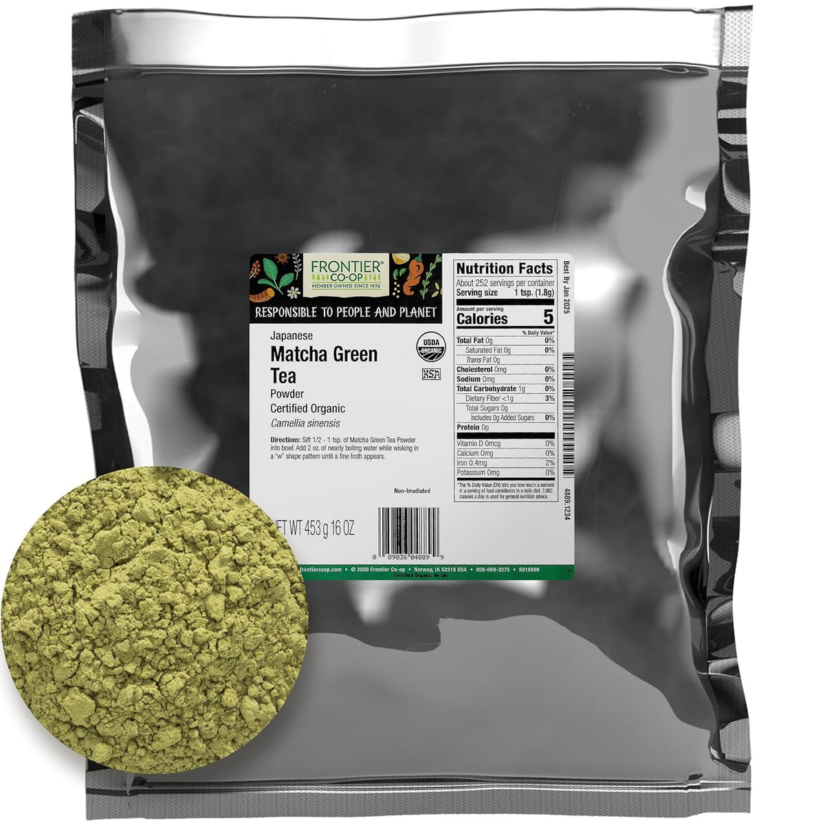 Frontier Co-op Organic Japanese Matcha Green Tea Powder, 1-Pound Bulk, Heavy Body with Vegetal Flavor, Kosher, Non Irradiated