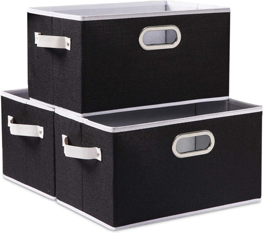 PRANDOM Fodable Storage Bins for Closet [3-Pack] Decorative Fabric Storage Baskets Cubes with Leather/Metal Handles for Shelves Bedroom Living Room Black (11.5x8.5x6.7 Inch)