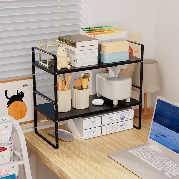Cabinet Organizer Shelves,Expandable Spice Racks in Cabinet,Countertop Cupboard Pantry Shelves,Adjustable Storage Racks for Kitchen Bathroom Under Sink,2 Packs,8.07" D,Black