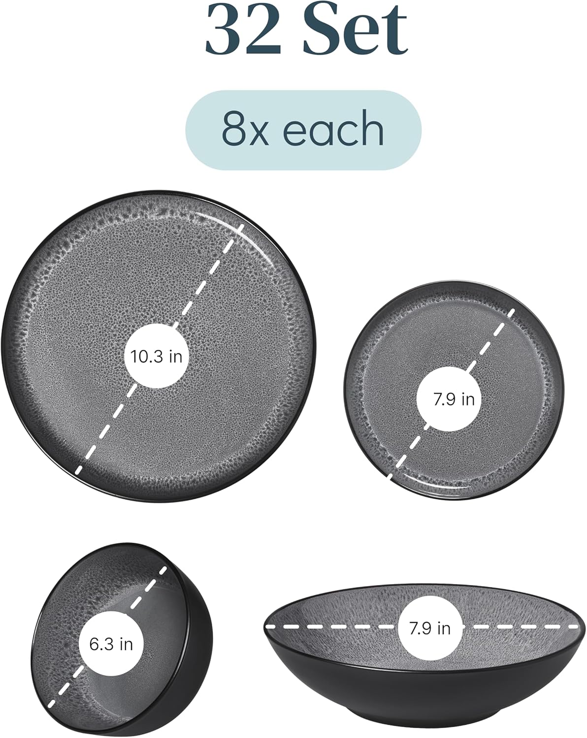Stoneware dinnerware set 8 persons 32 pcs - Dishwasher, microwave and scratch resistant - Bowl and plate set 8 persons modern - Dinner service Pure Living black in gray…