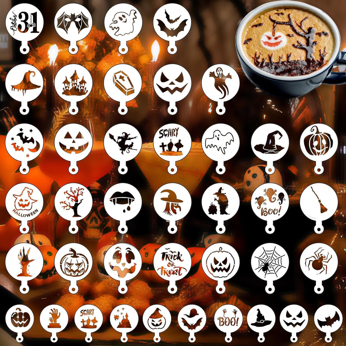 40 Pieces Halloween Cake Cookie Stencils 3.5in Reusable Pumpkin Templates Mold Tools for Cookies DIY Holiday Baking Painting Dessert Craft Coffee Decoration