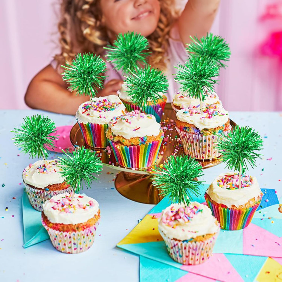 Gyufise 30Pcs Foil Firework Cupcake Toppers Sparkle Tinsel Cake Toppers Tinsel Drink Cake Decoration Cocktail Picks for Birthday Wedding Graduation Party Supplies Dark Green