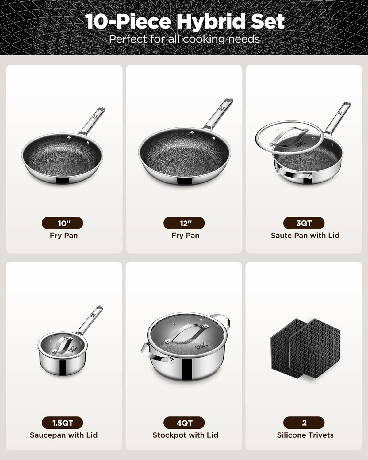 Pots and Pans Set Hybrid Stainless Steel, 10PC Nonstick Tri-Ply Cookware Set w/Frying pan, Dishwasher & Oven Safe, PFOA-Free, Metal Utensil Safe, Suitable for All Cooktops