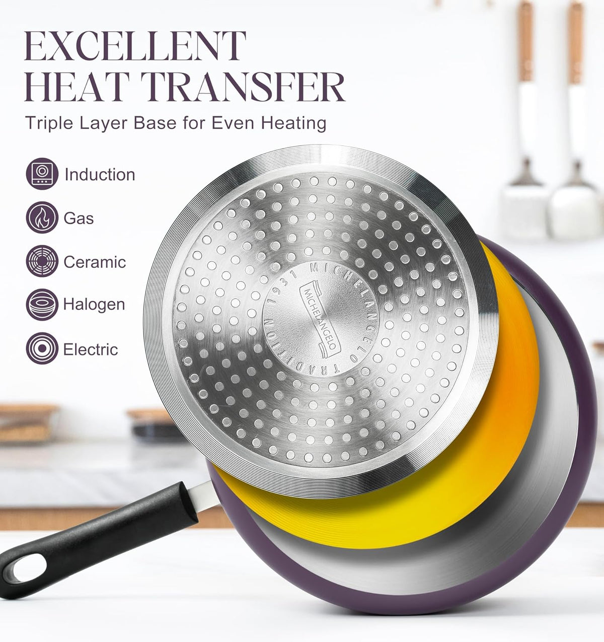 MICHELANGELO Nonstick Sauce Pan with Lid, Ceramic Saucepan Set, Non Toxic Small Saucepans Sets with Stay-Cool Handle, Induction Pots For Cooking, PTFE & PFOA Free - 1Qt & 2Qt & 3Qt, Purple