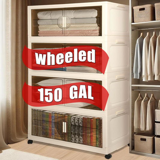150GAL/600QT Large Storage Bins with 2 Lids, Stackable Collapsible Storage Bins with 8 Wheels & 2 Lids, Closet Organizers and Storage, 4 Packs Folding Plastic Clothes Storage Cabinet for Home Office