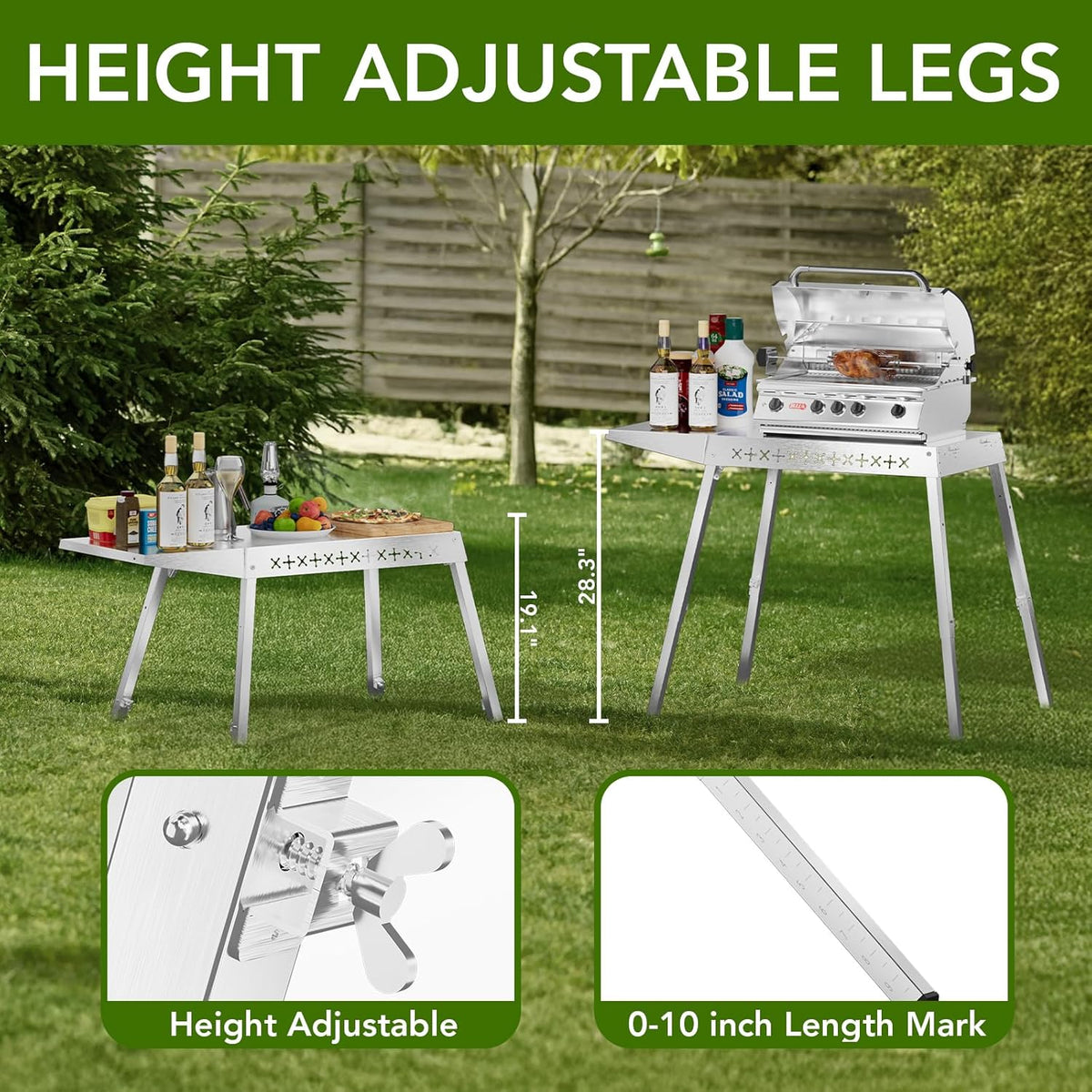 Food Grade 304 Stainless Steel BBQ Grill Table fits Tabletop Griddle, Outdoor Grill Table with 4 Foldable Legs, Portable Grill Stand for RV, Camping, Tailgating