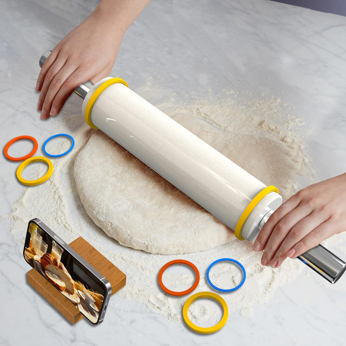 Marble Rolling Pin with Stainless Steel Handle for Baking,Fondant,Pizza,Cookie Crust,Pie,Cookies,Pastry, 18.5”(Includes handle) Marble Rolling Pin with 3 Multi-Color Thicknesses and Wood Stand