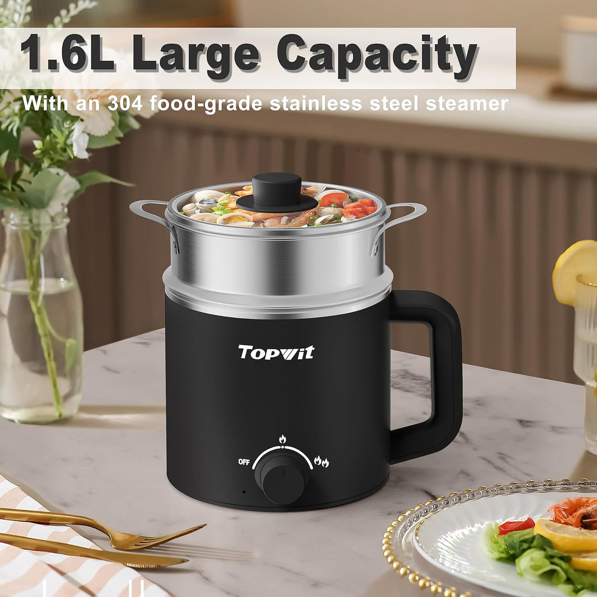 Topwit Hot Pot Electric with Steamer, 1.6L Ramen Cooker, Electric Pot for Pasta, Shabu-Shabu, Oatmeal, Soup and Egg, Portable Cooker with Dual Power Control, Dorm Room Essentials, Black