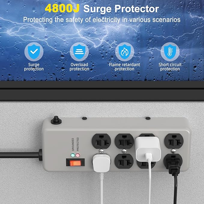 HEZI 20A Power Strip Surge Protector Durable Metal 8-Outlet with Heavy Duty 20 Amp Extension Cord,12 Gauge for Garage,Workshop & Industrial Use with 6-20R T-Slot Outlets,4800J(Grey,6FT)