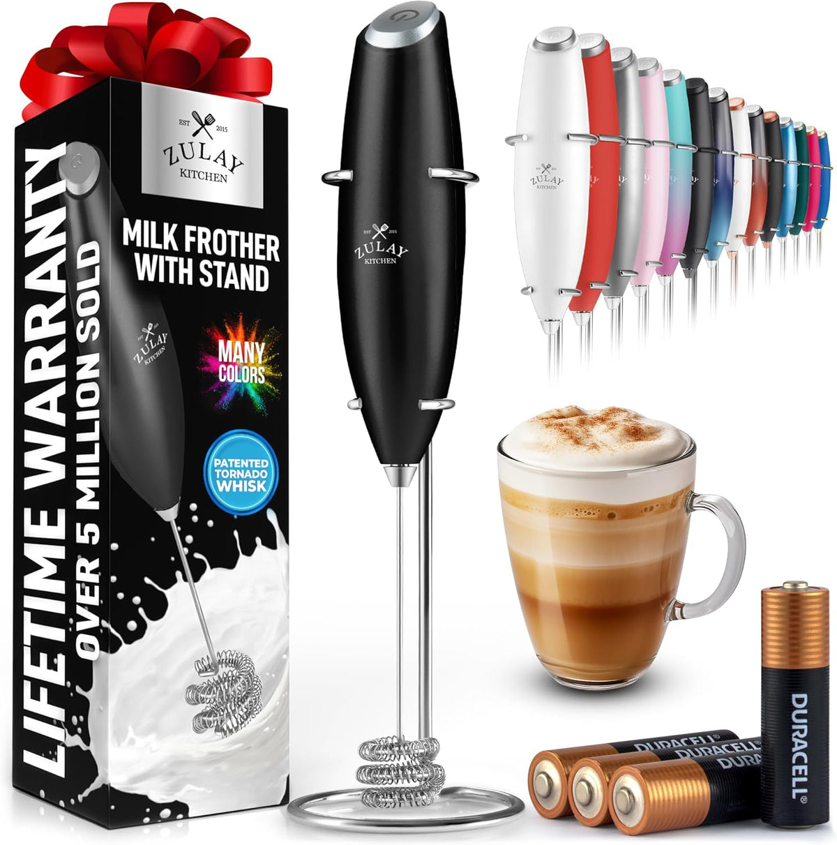 Zulay Kitchen Patented Tornado Triple Whisk Milk Frother with 4 Duracell Batteries – Handheld Foam Maker for Coffee, Lattes, Matcha & Hot Chocolate – Rich, Creamy Froth in Seconds
