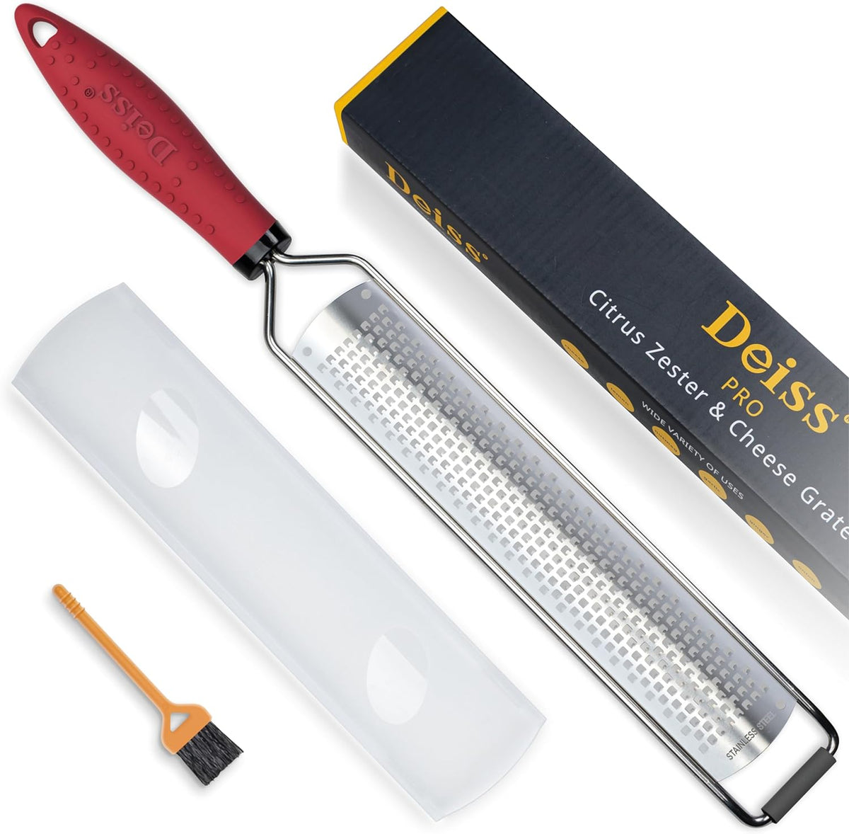 Deiss PRO Citrus Zester & Manual Cheese Grater - Parmesan, Lemon, Ginger, Garlic, Nutmeg, Chocolate - Sharp Stainless Steel Blade - Dishwasher Safe