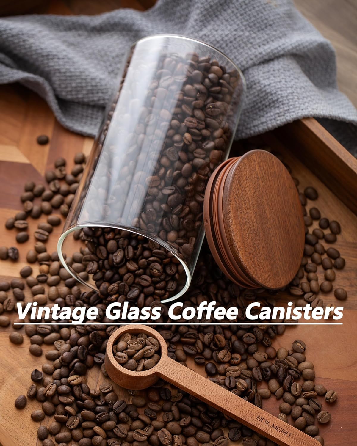 37 oz Coffee Canister with Scoop and Wooden Lids, Airtight Storage Container Sets of 2 for Ground Coffee & Beans, Glass Jars for Coffee Bar Organizer, Kitchen Countertop