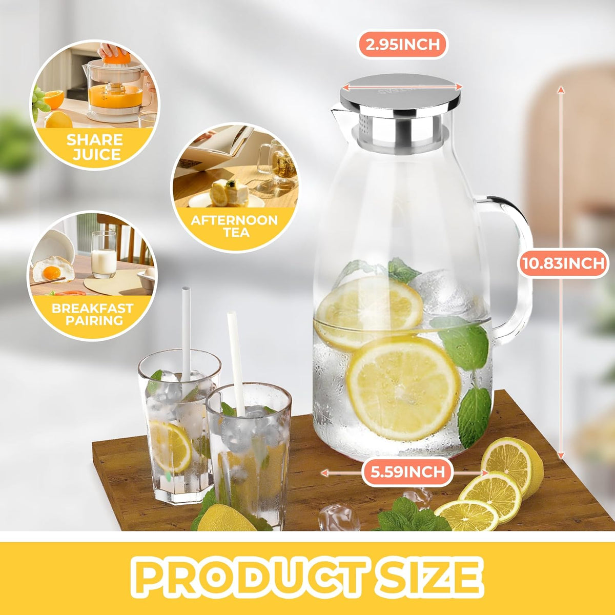 SUSTEAS 3 Liter 101 oz Glass Pitcher with Lid and Nozzle, Cold/Hot Water Glass Water Bottle, Ice Tea Water Jar for Refrigerator, Large Water Jar for Juice, Milk, Coffee or Homemade Drinks,Vase