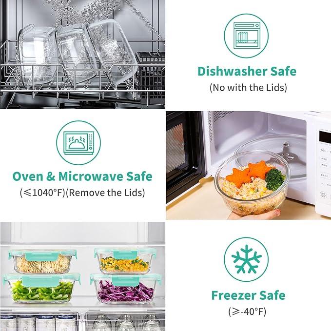 34pcs Glass Food Storage Containers with Lids Set, Airtight Glass Meal Prep Containers (17 Containers & 17 Lids), Leak Proof Lunch Containers BPA-Free, Microwave, Oven, Freezer, Dishwasher Safe-Green