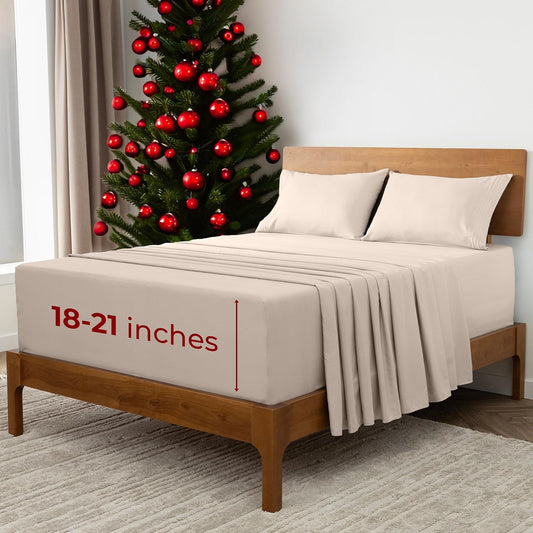 Mellanni Extra Deep California King Sheets - 4 PC Iconic Collection Bedding - Hotel Luxury, Ultra Soft, Cooling Bed Sheets - Wrinkle, Fade, Stain Resistant (Cal King, Beige)