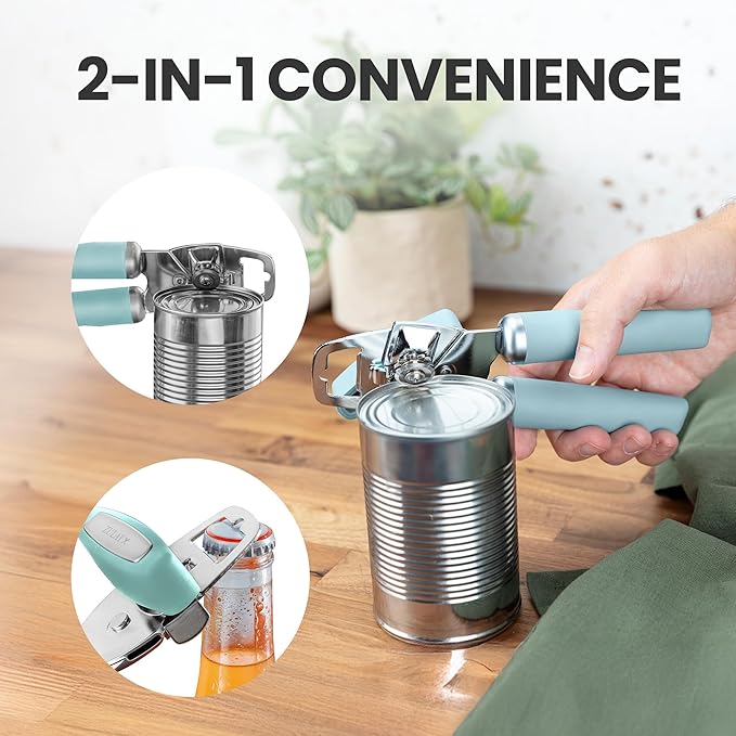 Zulay Kitchen Heavy Duty Stainless Steel Can Opener Manual with Bottle Opener - Rust Proof Manual Can Opener With Turn Knob & Comfy Soft Grip Handles - Mint