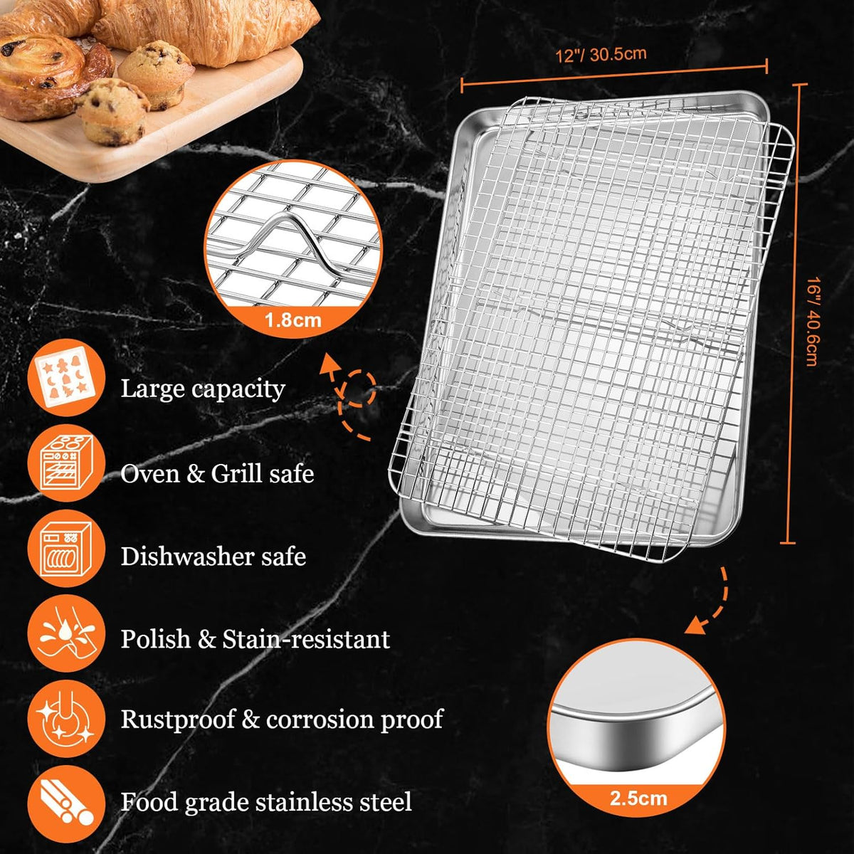 Jelly Roll Pan with Cooling Rack, Leonyo Baking Sheet Pan with Wire Rack, Commercial Stainless Steel & Nonstick Large Cookie Sheet Trays for Oven Cooking, Size 16 x 12 Inch (2 Trays + 2 Racks)