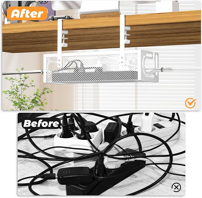 Under Desk Cable Management Tray, 15.7'' No Drill Steel Desk Cable Organizers, Wire Management Tray Cable Management Rack (1 Pack-White)