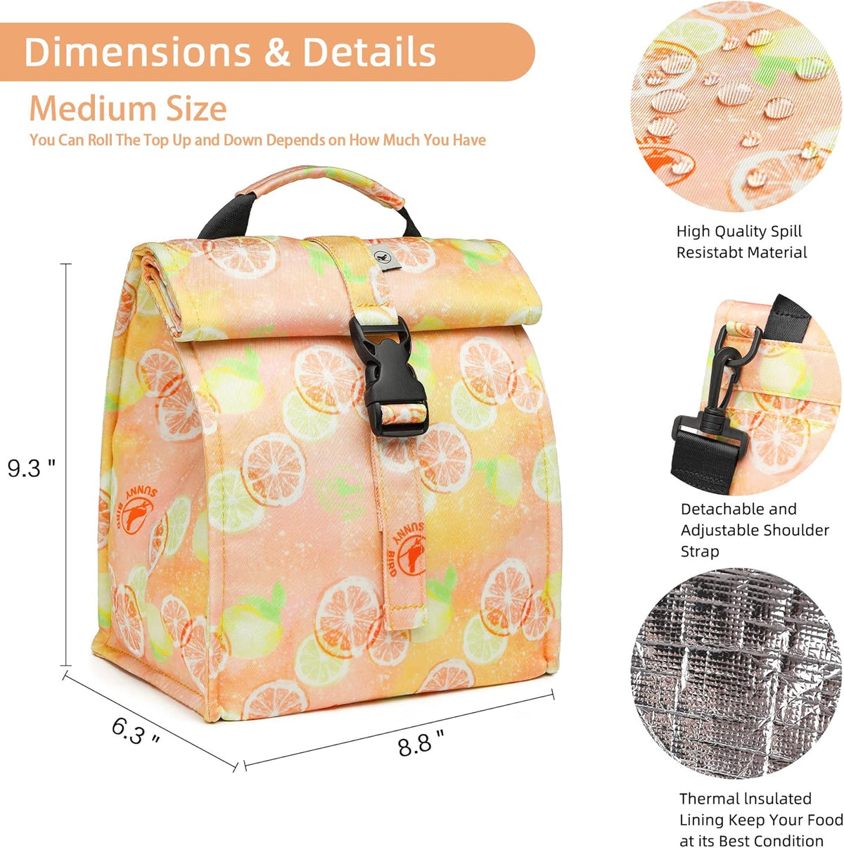 SUNNY BIRD Insulated Lunch Bag Rolltop Lunch Box Tote Bag for Women, Men, Adults and Teens (Grapefruit Pink)