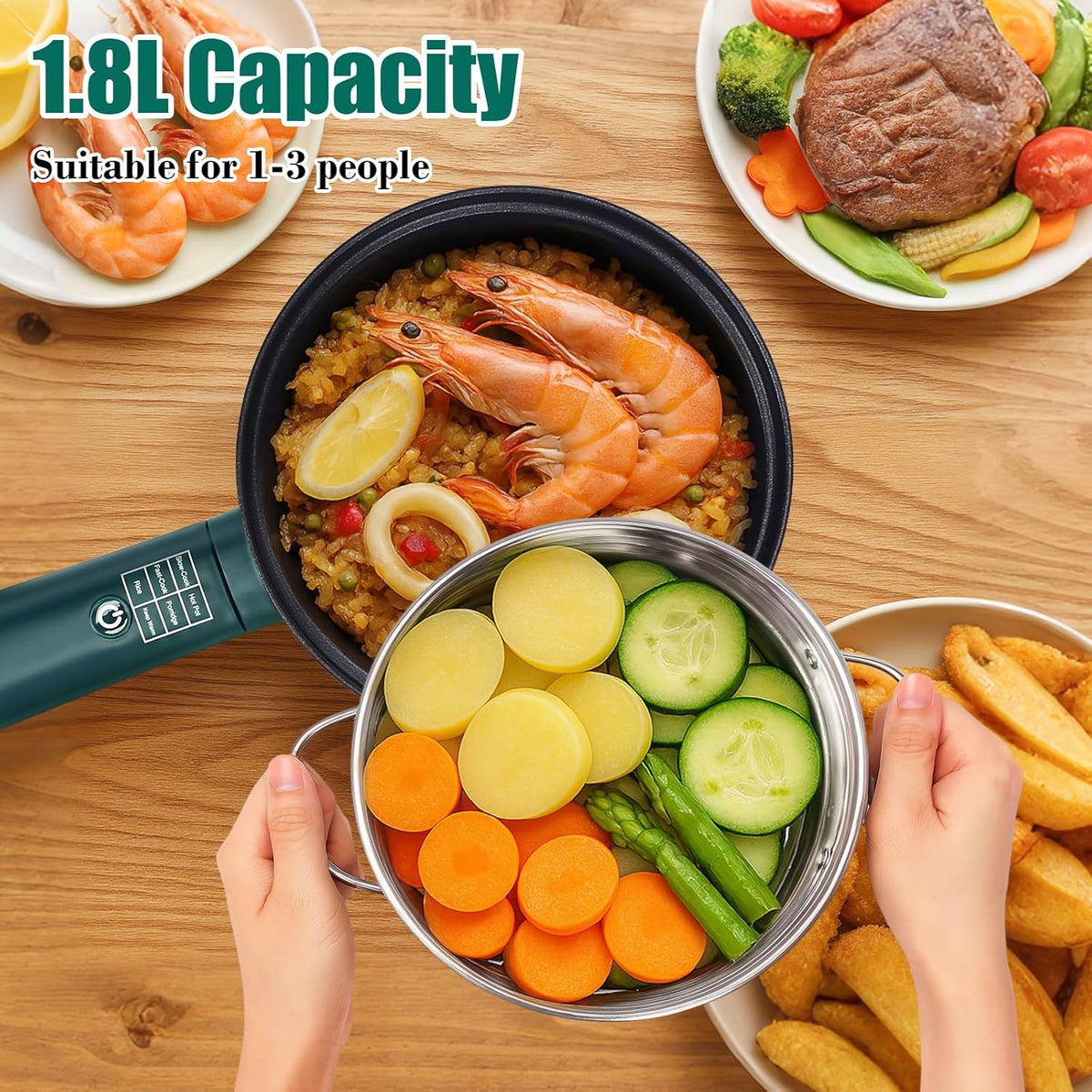 Hot Pot Electric with Steamer,6 Smart Modes, 1.8L Ramen Cooker, Portable Cooker, Non-Stick Frying Pan, Sauté Pan, Electric Pot for Pasta, Egg, Steak, BPA Free, College Dorm Room Essential