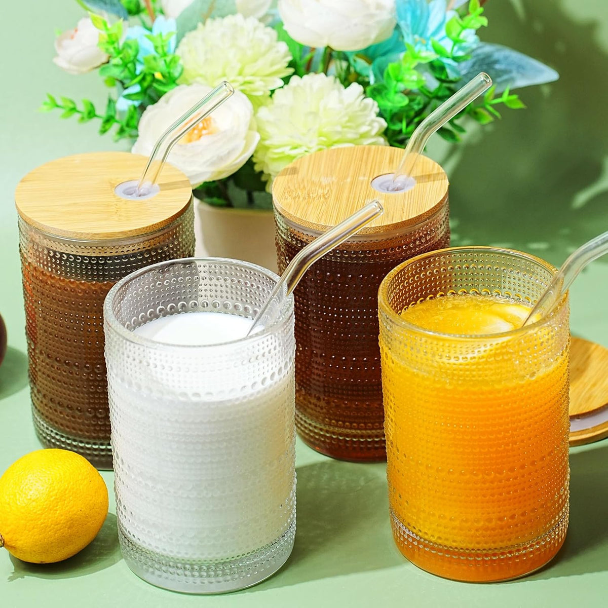15 Oz Glass Cups with Lids and Straws, Vintage Embossed Glassware for Whiskey Cocktail Beer, Iced Coffee Cup with Lid (4 PACK)