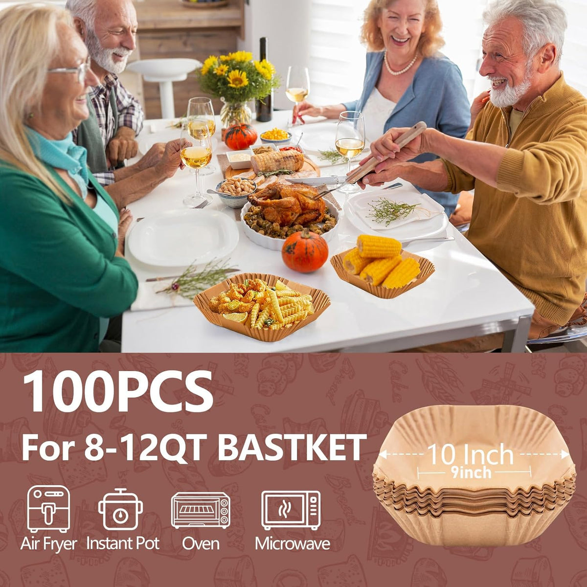 UBeesize 10 Inch Air Fryer Paper Liners,100 PCS Parchment Paper, Air Fryer Disposable Paper Liner for Microwave, Non-Stick Air Fryer Liners Square Free of Bleach（Bottom size 9 Inch）
