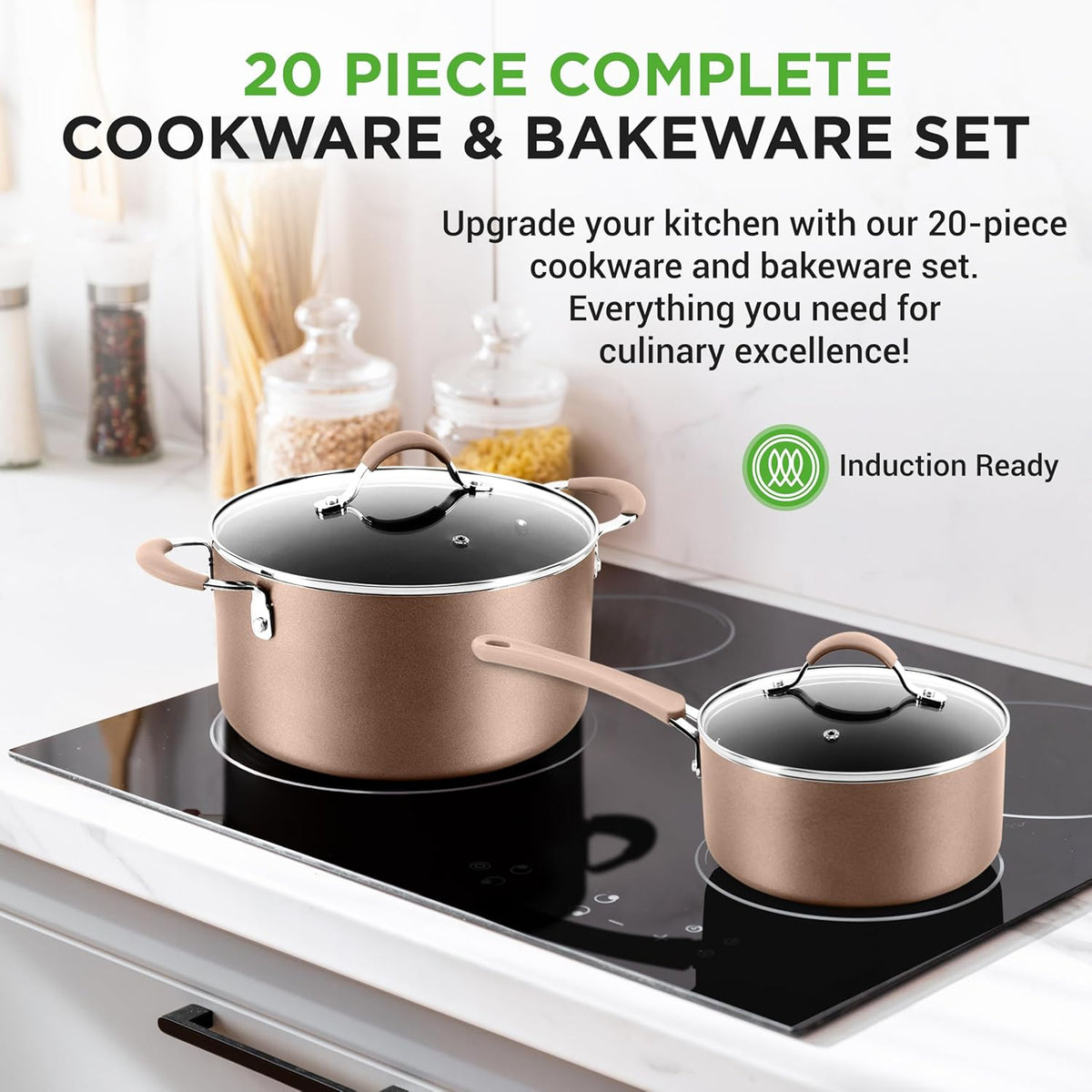 20-Piece Nonstick Kitchen Cookware Set - PTFE/PFOA/PFOS-Free Heat Resistant Lacquer Kitchen Ware Pots Baking Pan Set w/ Saucepan, Frying Pans, Cooking Pots, Oven Pot, Lids, Utensil - NutriChef NCCW20S