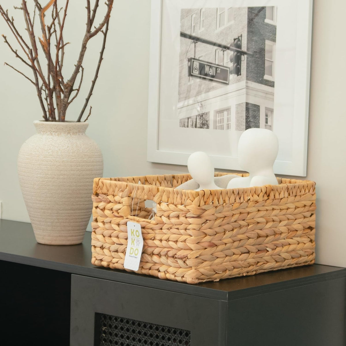 KOKODO 15"Lx11"W Large Rectangular Water Hyacinth Wicker Storage Baskets with Handles and Metal Frame, Stylish and Durable Handwoven Bin for Space-saving Room Organizing or Decorative Wicker Basket