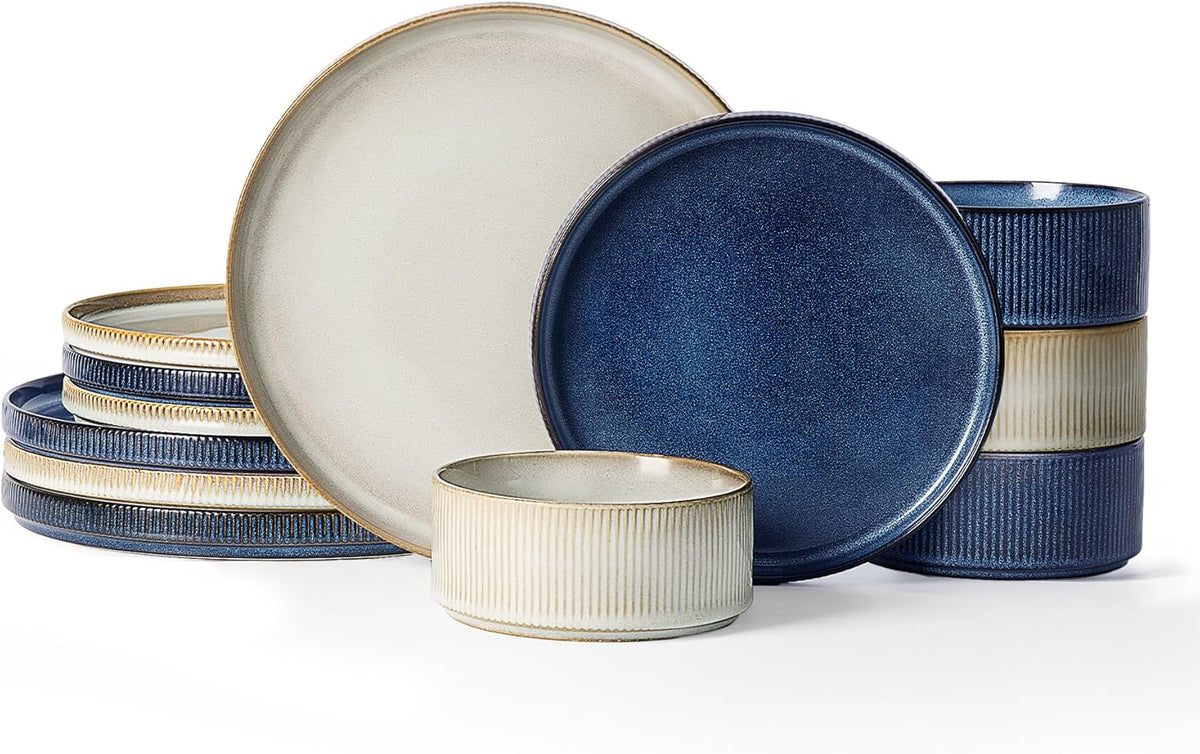 Famiware Star Dinnerware Set, Plates and Bowls Sets for 4 (12pcs), Ribbed Stoneware Dishes - Chip & Scratch Resistant, Microwave & Dishwasher Safe, Multicolor - Cappuccino White & Nebulas Blue