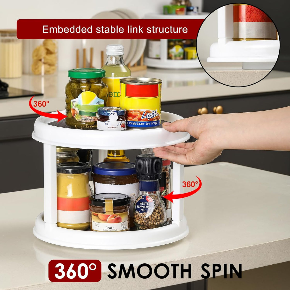 2 Pack, 2 Tier 10" Turntable Lazy Susan Spice Organizer - Rotating Seasoning Rack Spinner for Pantry Cabinet Kitchen Countertop, Table Top Organizing - Multiuse Two Tier Rotating Organization Rack