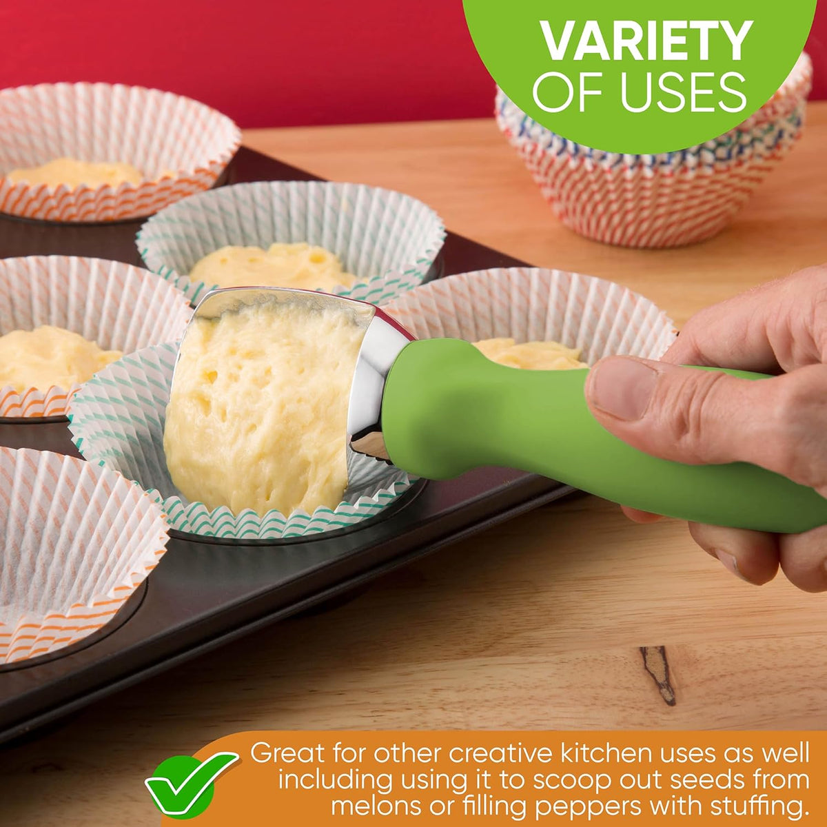 Spring Chef Green Heavy Duty Ice Cream Scoop with Non-Slip Handle - Professional Metal Ice Cream Scooper for Cookie Dough, Frozen Yogurt, Gelato, Sorbet, Melon - Dishwasher Safe Kitchen Tool