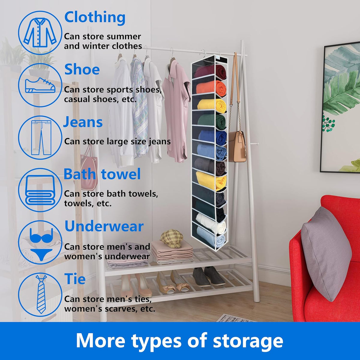 Closet Organization,12 Section, Hanging Closet Organizer, Space Saving, College Dorm Essentials for Girls, Heavy dutys Hooks Up to 45 Pounds, Clothes Storage,Closet Organizer,Black/White