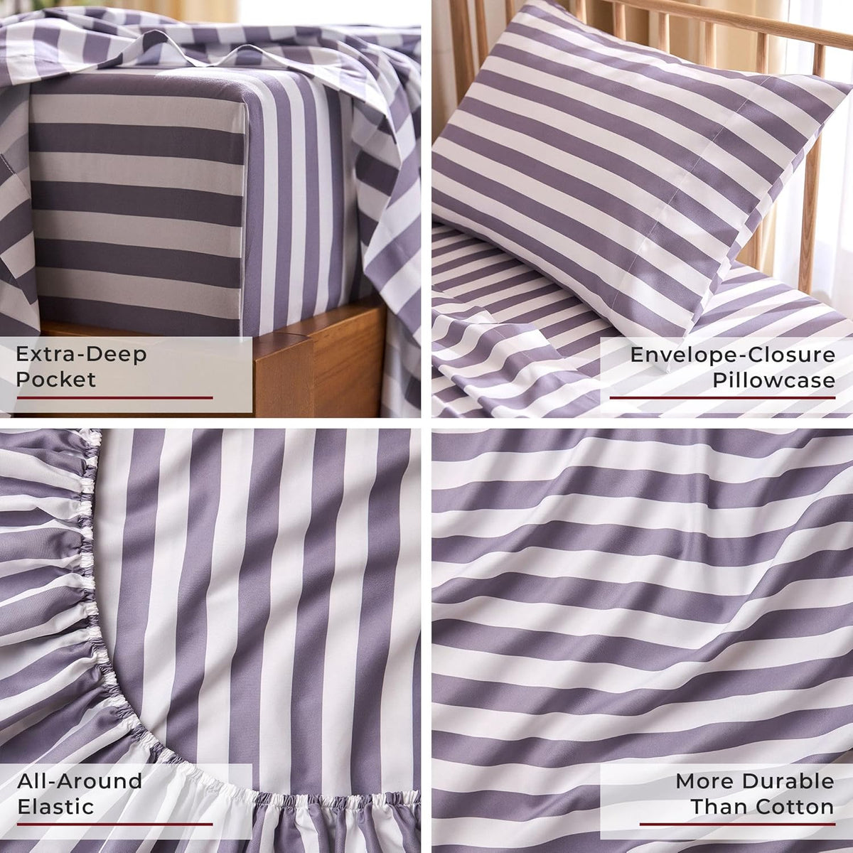 Mellanni Twin XL Sheets Set - 3 PC Iconic Collection Bedding - Hotel Luxury, Soft, Cooling Bed Sheets - Wrinkle, Fade, Stain Resistant (Twin Extra Long, Oxford Stripe Hazy Lilac)