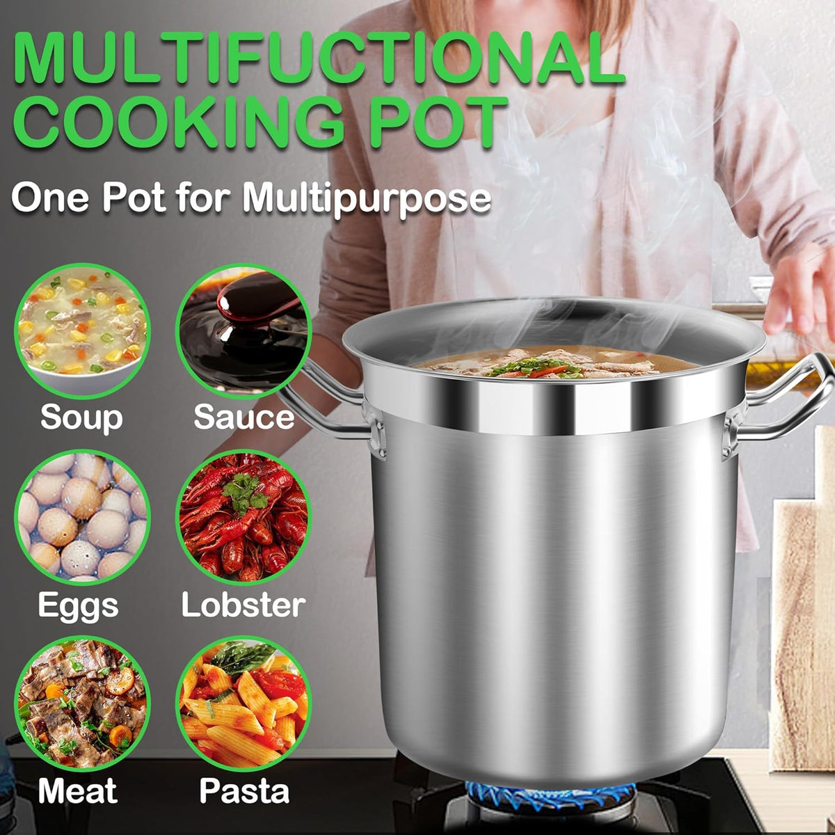 Extra-Large Stainless Steel Stock Pot – Commercial Heavy Duty Soup Pot with Lid, 3-Ply Base for Fast Heating, Ideal for Seafood Boils and Outdoor Cooking - 100 Quart