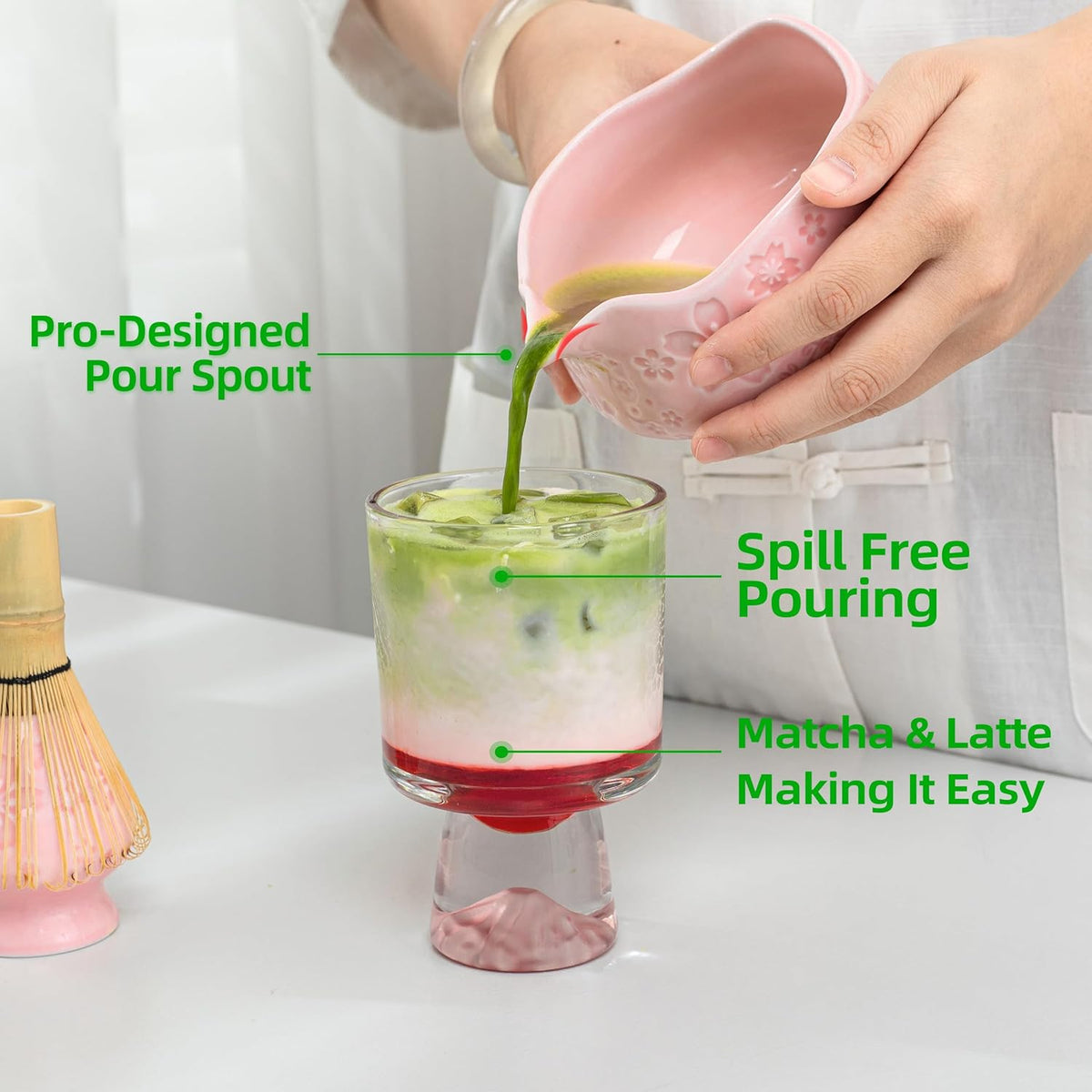 TEANAGOO 7-PCS Pink Matcha Whisk Set with Cherry Blossom Design, Complete Ceremony Kit, Ceramic Chawan Bowl with Spout, Whisk & Accessories, Traditional Matcha Tea Set for Lattes& Gift Giving
