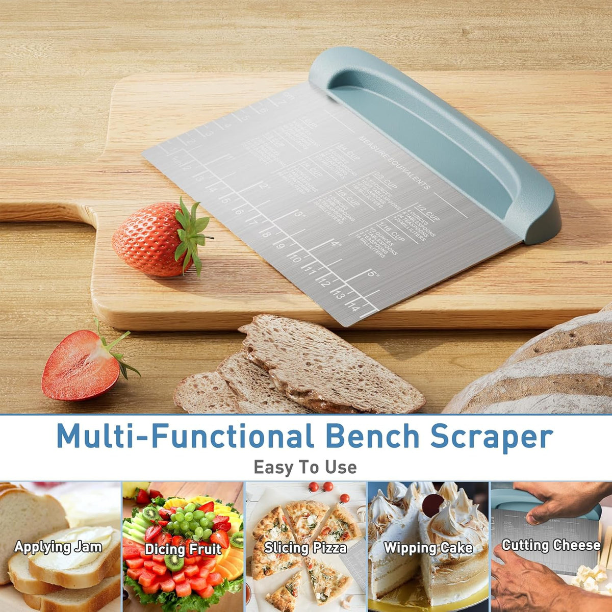 2 IN 1 Upgrade Bench Scraper, Dough Scraper for Pastry Bread Cake Pizza, Stainless Steel Dough Cutter with Conversion Chart & Measuring Scale, Bowl Scraper Food Scraper for Kitchen Baking, Blue