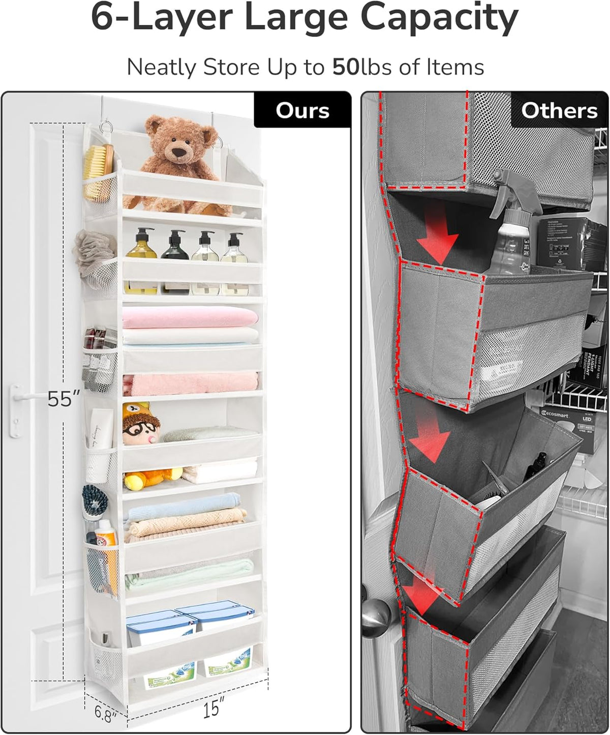 ULG Over The Door Organizer with 6 Large Pockets 12 Side Pockets, 50lbs Weight Capacity Door Hanging Organizer for Bedroom, Bathroom, Pantry, Nursery Storage, Beige