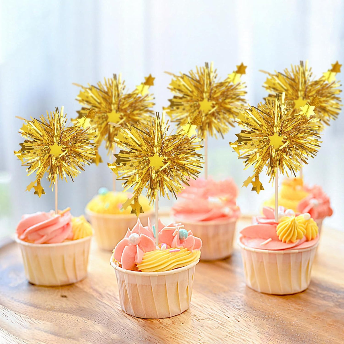 30 PCS Foil Firework Cupcake Toppers Star Cupcake Picks Sparkle Tinsel Flower Drink Stirrers Cocktail Food Fruit Toothpicks for Baby Shower Wedding Birthday Party Cake Decorations Supplies Gold