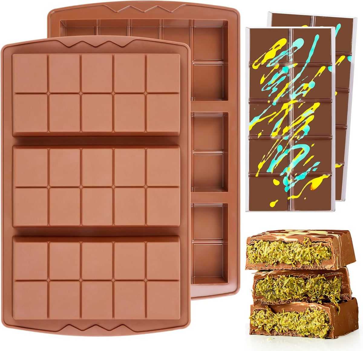2 Pcs Dubai Chocolate Bar Mold Deep Stuffed Silicone Molds for Filling Knafeh Pistachio Chocolate Bar Large Thick Candy Bar Molds Break Apart (10 Snap）