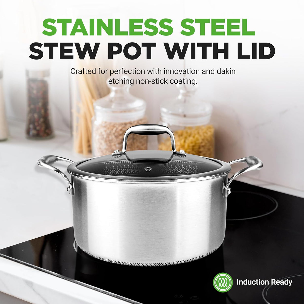 NutriChef 5 QT Stainless Steel Stew Pot - Triply Kitchenware Stew Pot with Glass Lid - DAKIN Etching Non-Stick Coating, Scratch-resistant Raised-up Honeycomb Fire Textured Pattern - NutriChef NC3PCAS