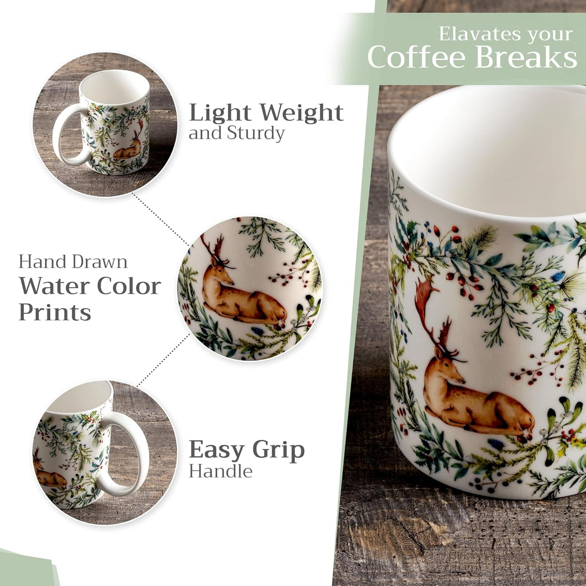 Maison d' Hermine Coffee Mug with Handles Fine Bone China Mugs Pack of One Tea Cups for Hot Beverages Cappuccino Latte Home Restaurant Office Perfect for Gift (Holly Time - Cerf, 12 Ounce)