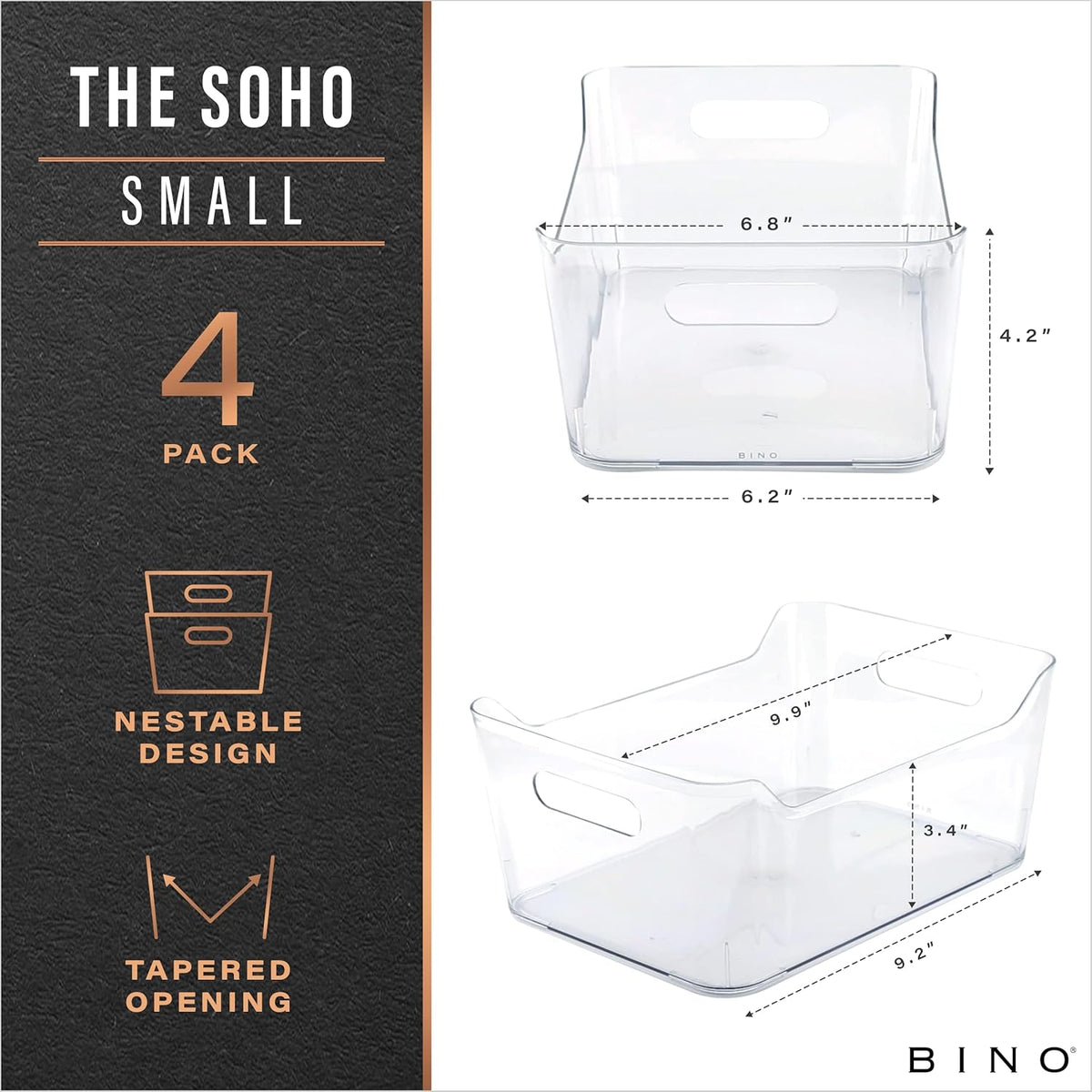 BINO | Plastic Organizer Bins, Small - 4 Pack | The SOHO Collection | Multi-Use Plastic Bin | Pantry & Freezer Organizer Bin | Storage Containers | Bins for Home & Kitchen Org