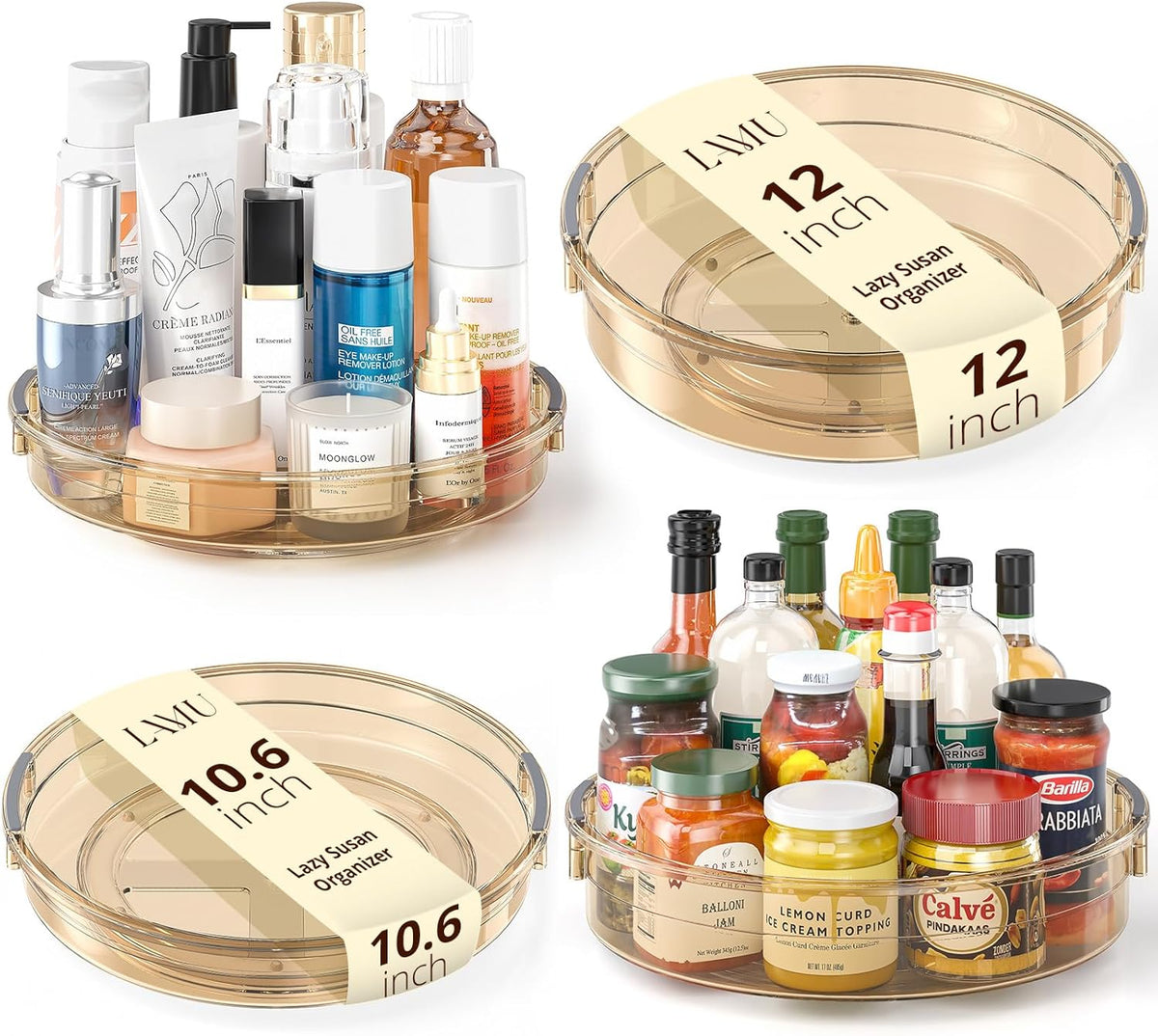 LAMU 4 Pack Lazy Susan Organizer, Lazy Susan Turntable for Cabinet, Refrigerator, Table Top, Kitchen, Bathroom, Pantry Organizers and Storage, 12in 10.6in, Amber