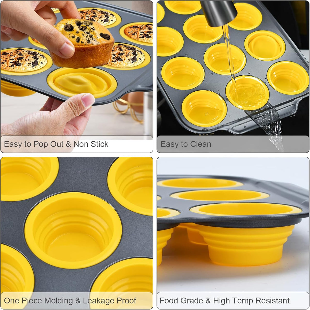 Silicone Muffin Pan, 12 Cups Cupcake Pans with Metal Frame Nonstick Muffin Tins Easy to Pop Out for Baking Cupcake Egg Bites BPA-free Cupcake Pan Mold (12 Cups Yellow)