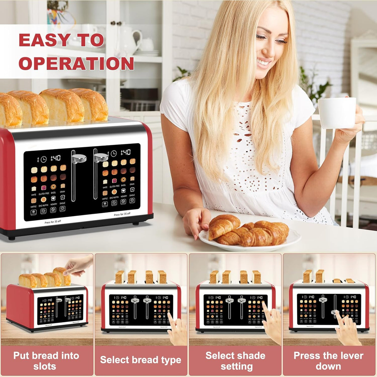 4 Slice Toaster Touch Screen, Stainless Steel Toasters Digital Timer, Dual Control Panel Toasters, 8 Shade Settings 6 Bread Types for Bagel, Cancel, Defrost 1650W Red