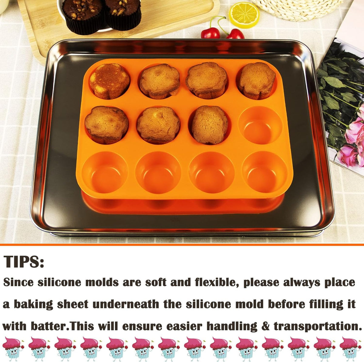 12 Cups Silicone Mini Muffin Pan Set, Nonstick Mini Cupcake Pans, BPA Free Small Muffin Tin for Baking, Set of 2 (Blue+Orange)
