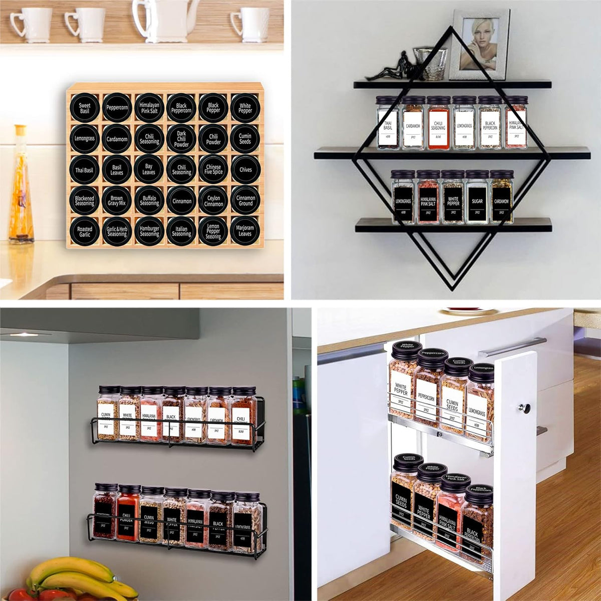 Churboro 36 Spice Jars with 547 Labels- Glass Spice Jars with Black Metal Caps, 4oz Empty Spice Containers with Shaker Lids, Funnel, Chalk Pen, Square Seasoning Bottles for Spice Rack, Drawer, Cabinet